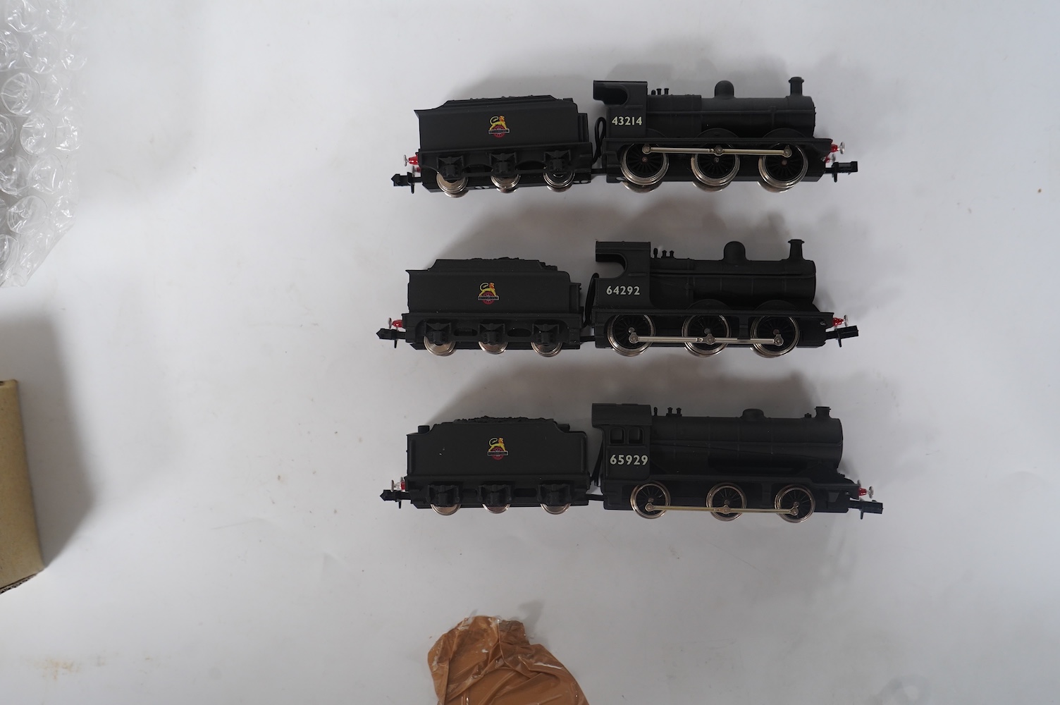 Three boxed Union Mills Models N gauge railway BR locomotives; a Class J38, 65929, a Class J11, 64292, and a Class 3F, 43214. Condition - good.